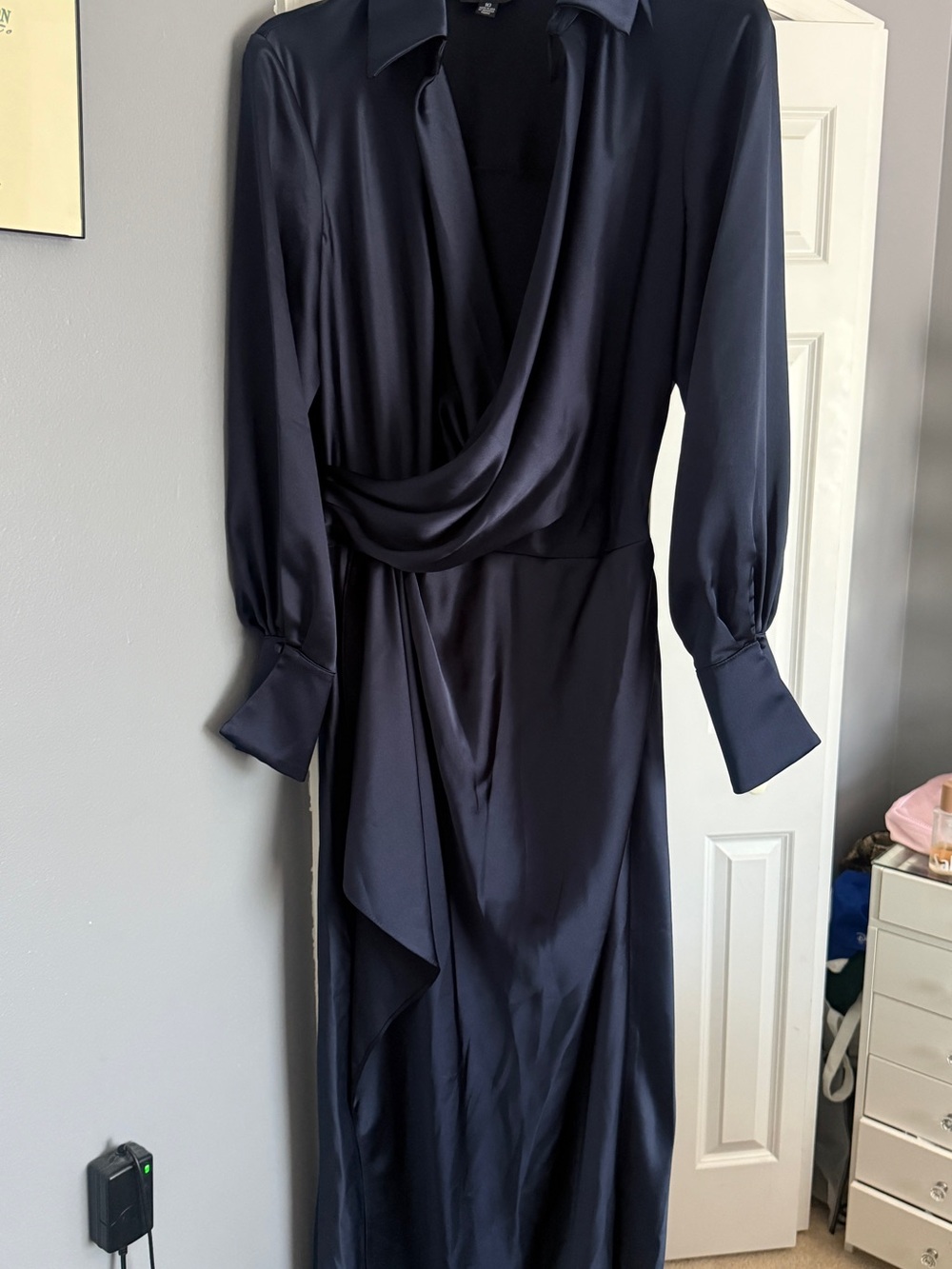 Xscape Midnight Navy Satin Draped Wrap Dress - Long Sleeve
